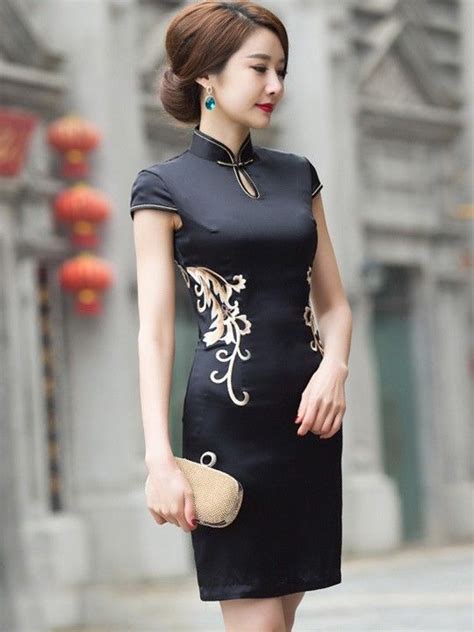 black embroidered qipao cheongsam dress with lace back chinese style dress fashion dresses