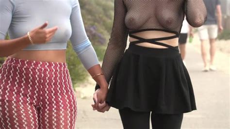 Teaser Holding Hands With A Friend While Flashing In Sheer