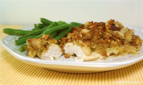 This chicken and stuffing bake is pure comfort food and comes together pretty quickly. Cheesy Chicken and Stuffing - Emily Bites