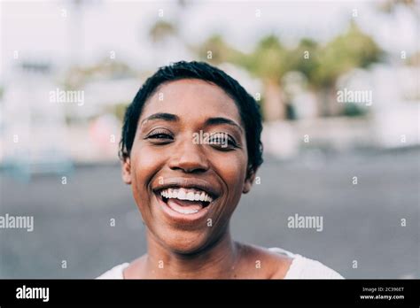 Portrait Of African Woman Outdoor Happy Black Female Laughing In