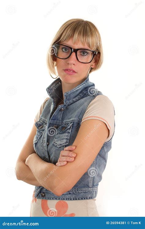 Young Woman With Nerdy Glasses Serious Face Stock Image Image Of Pretty Looking 26594381