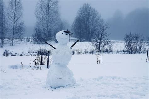 Funny Snowman On Snow Covered Rural Field Stock Image Image Of Time