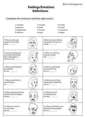 Feelings, emotions and moods pdf exercises and handouts to prrint. Feelings Definitions B&W worksheets | Emotions activities ...