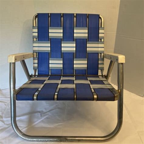 Vintage Sunbeam Aluminum Webbed Folding Lawn Chair Blue White Webbing Ebay