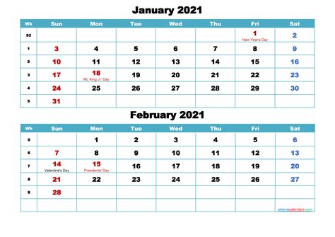 Printable Calendar January And February 2021 Word Pdf