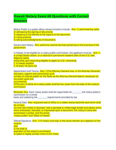 Hawaii Notary Exam 60 Questions with Correct Answers Notary Public