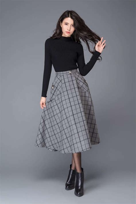 Plaid Skirt Gray Wool Skirt Midi Skirt Womens Skirts Skirt Etsy