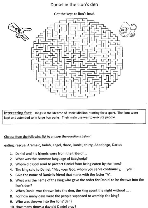 Bible Activity Sheets The Lions Den Sunday School Worksheets