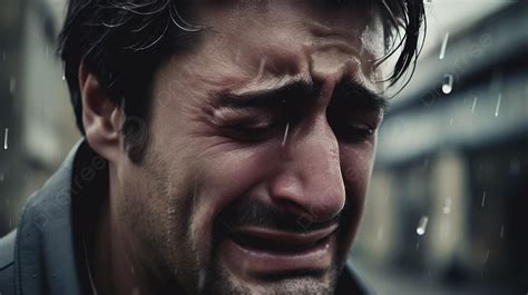 Man Is Crying With Tears On His Shoulder On The Street Background