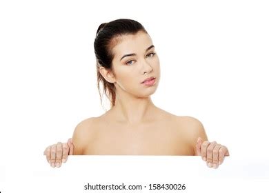 Sexy Naked Brunette Holding Empty Board Stock Photo 122011885
