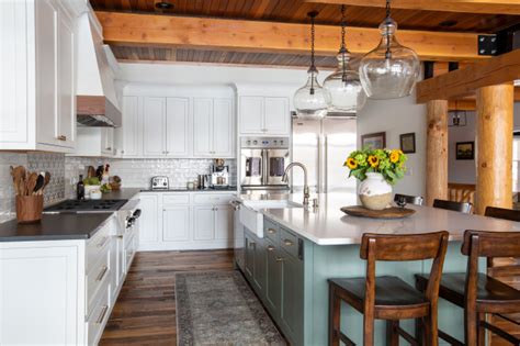 Open Concept Farmhouse Kitchen With Exposed Beams Rustic Kitchen