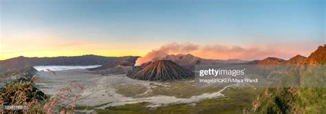 Volcanic Landscape At Sunrise Panorama Smoking Volcano Gunung Bromo