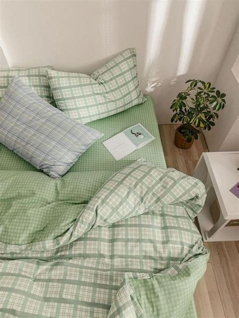 Green Plaid Bedsheets Pastel Room Aesthetic Bedroom Dreamy Room