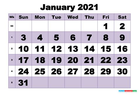 All designs © saturdaygift ltd. Free January 2021 Printable Monthly Calendar Template ...
