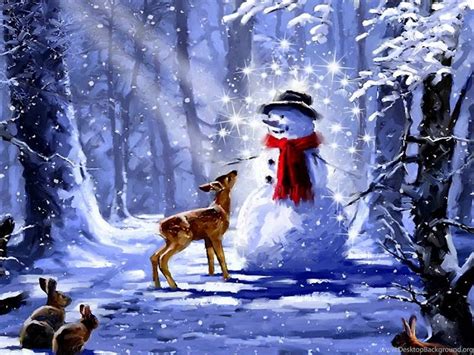 Winter Christmas Blessings Snowman Peaceful Deer Painting Forest Desktop Background