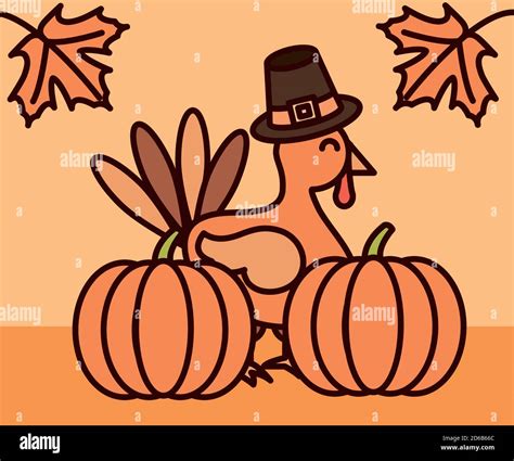 Thanksgiving Day Cartoon Turkey Pumpkins And Maple Leaves Vector