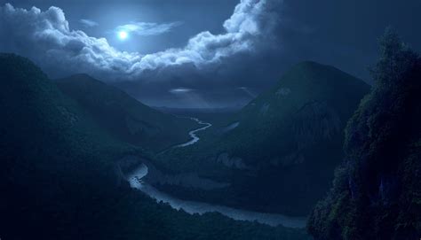 Night River Path Trough Mountains With Blue Moon Hd Wallpaper