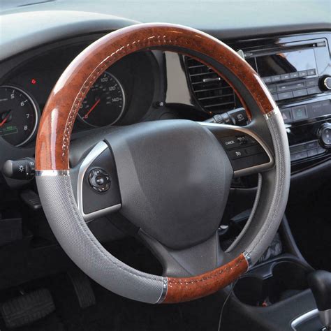 15 Wood Grain Steering Wheel Cover For Auto Car Suv Lux Grip Gray Syn