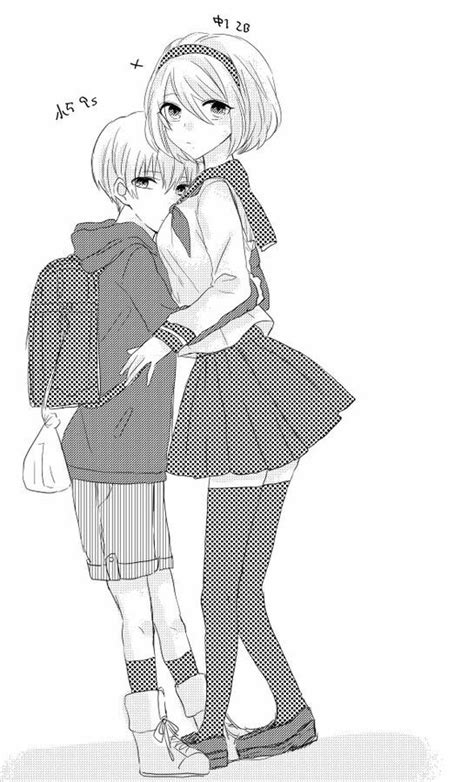 Two Anime Girls Hugging Each Other In Front Of A White Background With Black And White Lines
