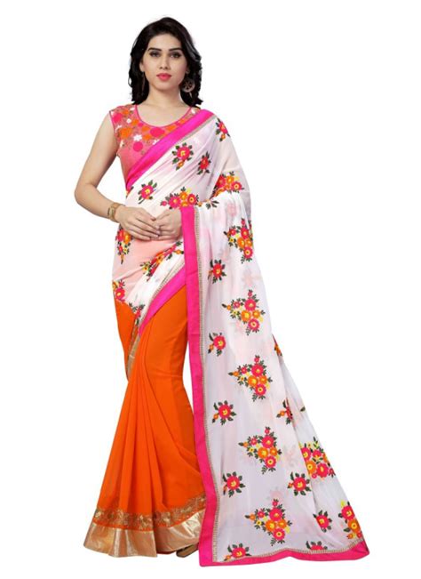Orange & White Georgette Designer Embroidery Saree #saree ...