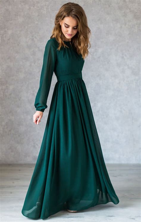Flowy Emerald Green Dress With Long Sleeves Green Chiffon Etsy Uk