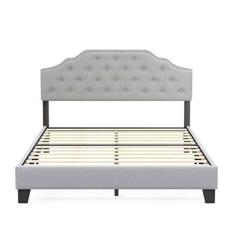 Queen Size Linen Platform Sturdy Metal Bed Frame W Upholstered Light Grey Ebay