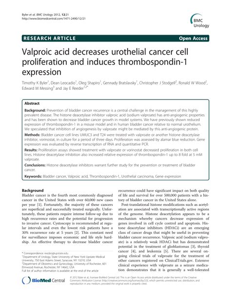 Pdf Valproic Acid Decreases Urothelial Cancer Cell Proliferation And