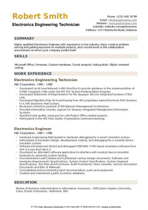 It features an engineering icon at the top and a 'blueprint' background, with a white bar highlighting both contact info and quotes from references. Electronics Engineer Resume Samples | QwikResume