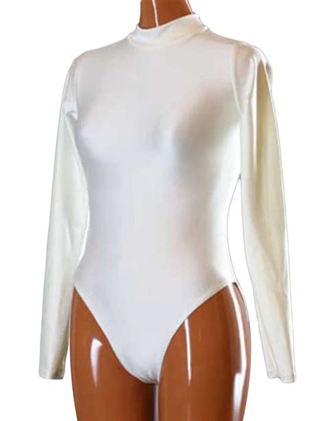 Unisex White Lycra Spandex Turtleneck Long Sleeve Zentai Costume Dancewear Unitard Leotard In
