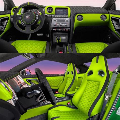 Nissan Gt R Custom Interior Lime Green And Black Hexagon Stitch Pattern