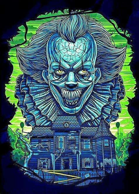 An Image Of A Creepy Clown In Front Of A House With Green And Blue Background