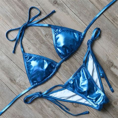 Light Blue Metallic Triangle Top Bikinis Set Swimwear Bikinis