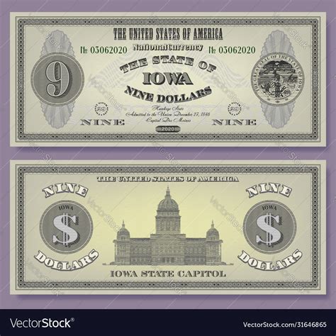 Fictional Us 9 Paper Money Dedicated To Iowa Vector Image