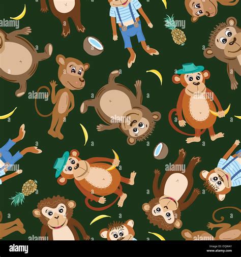 Seamless Flat Design Pattern With Funny Baby Toy Marmosets On Dark