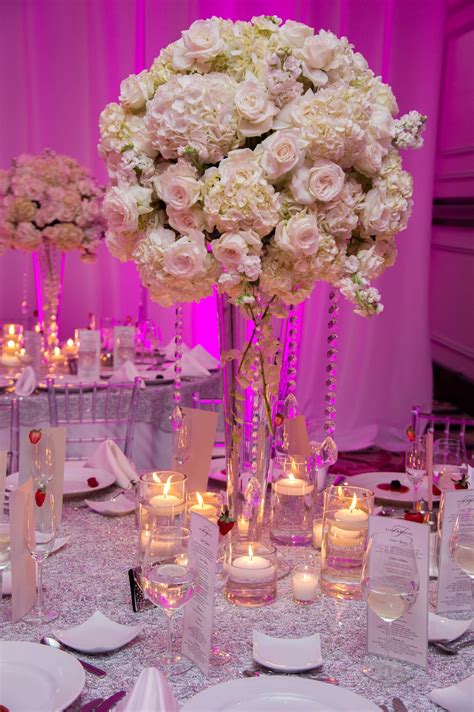 Grand White Hydrangea Rose And Crystal Centerpieces