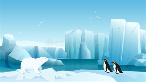Arctic And Antarctic Landscape Cute Polar Bear And Penguins In Winter