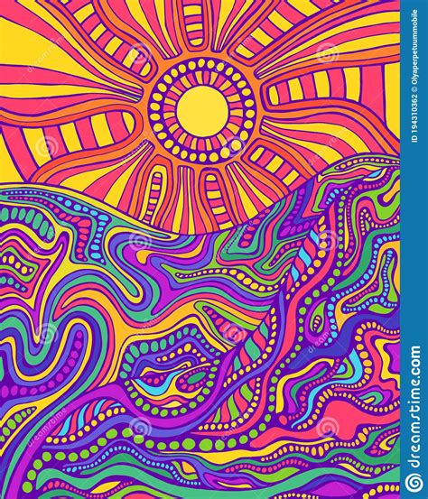 Retro Hippie Style Psychedelic Landscape With Sun And Mountains Stock