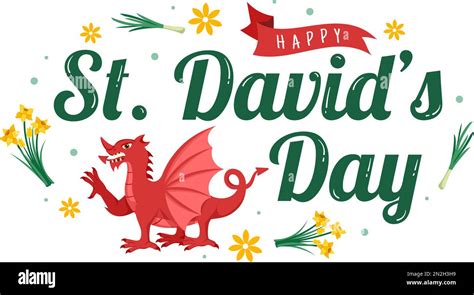 Happy St Davids Day On March 1 Illustration With Welsh Dragons And