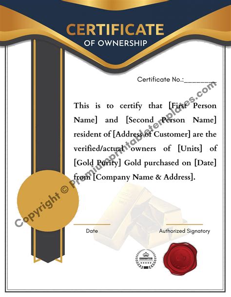 Here We Are Providing A Certificate Of Ownership For The Gold Template