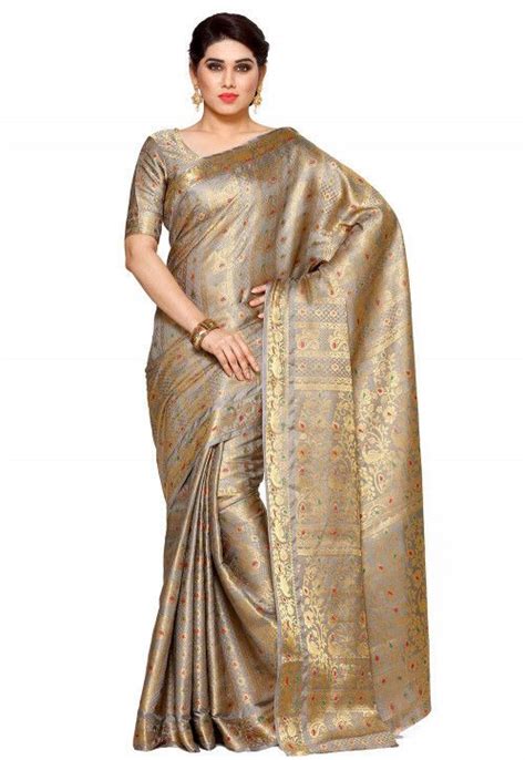 Woven Bangalore Silk Saree In Grey And Golden Saree Designs Silk Sarees Saree