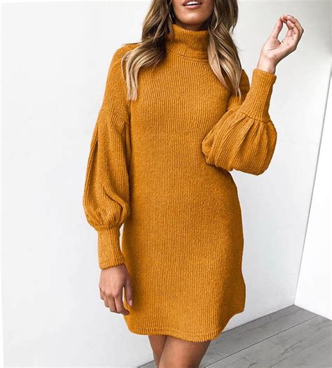 women sweater dress female casual loose pink puff long sleeve turtleneck knitted dresses solid