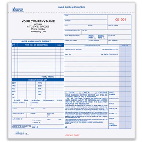 Smog Check Work Order Form 4 Part Carbonless Swocc 640 4