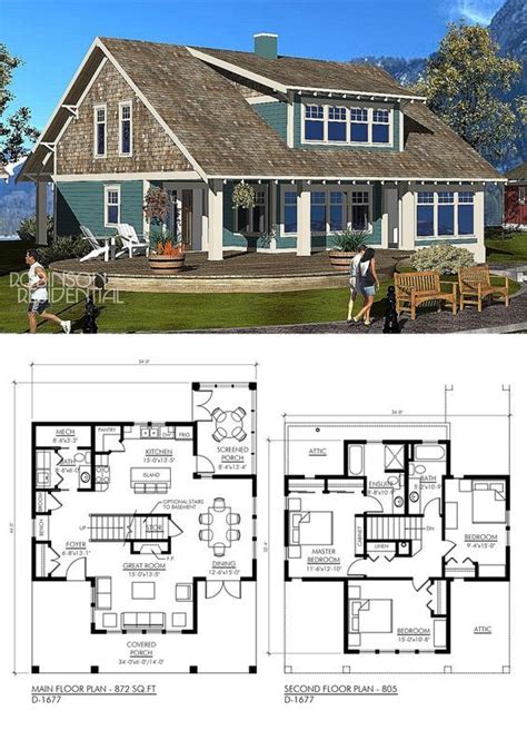 These plans are characterized by a rear elevation with plenty of windows to maximize natural daylight and panoramic views. Craftsman D-1677 | House plan with loft, Lake house plans ...