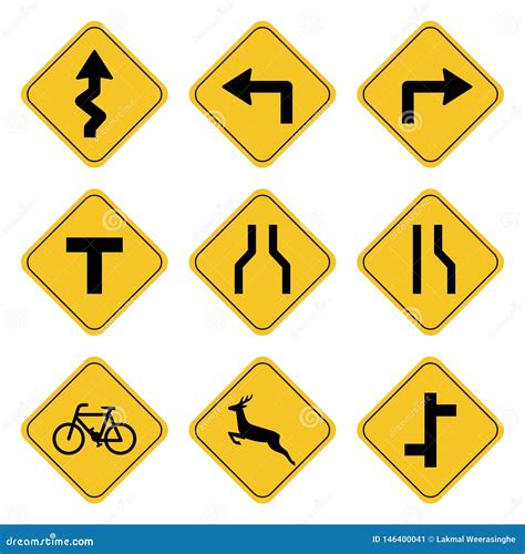 Road Sign Collection Drawing By Illustration Stock Vector