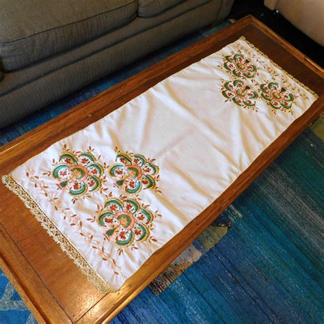 Vintage Hand Embroidered Floral Table Runner W Gold Metallic Etsy