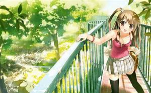 Anime, Girls, Schoolgirls, Bridge, Garden, Smiling