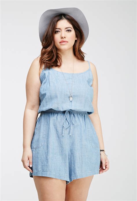 lyst forever 21 plus size chambray cami romper in blue