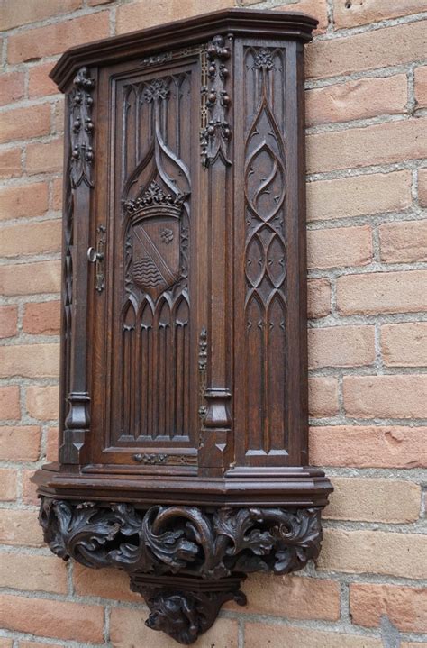 Antique Gothic Revival Wall And Key Cabinet W Hand Carved Church