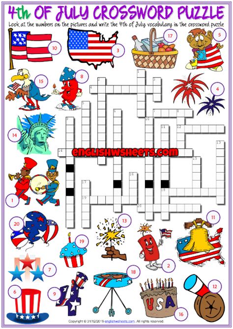 We also have patriotic puzzles for a more traditional way to honor this holiday. 4th of July ESL Crossword Puzzle Worksheet for Kids