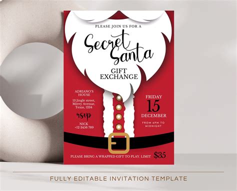 Editable Secret Santa Christmas Party Invitation Template Secret Santa